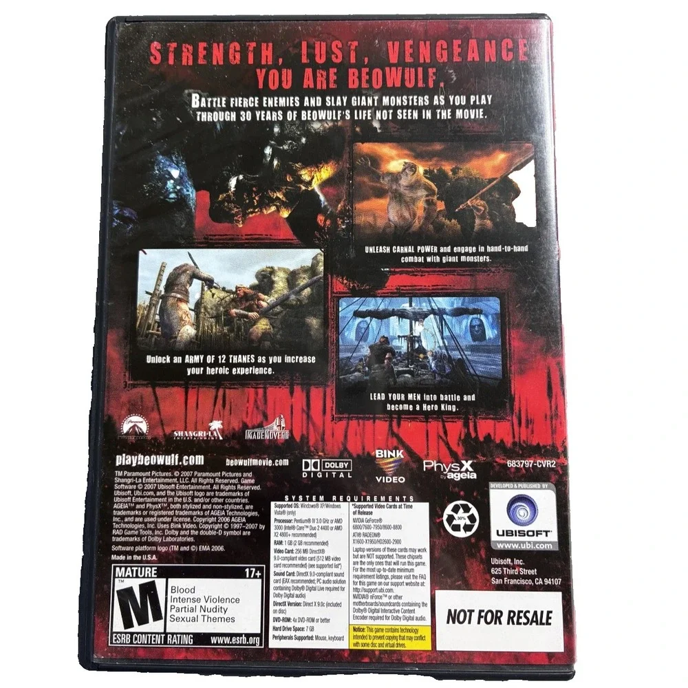 Beowulf The Game PC DVD ROM Ubisoft Action Adventure Mature 17+ Disc and‎ Manual